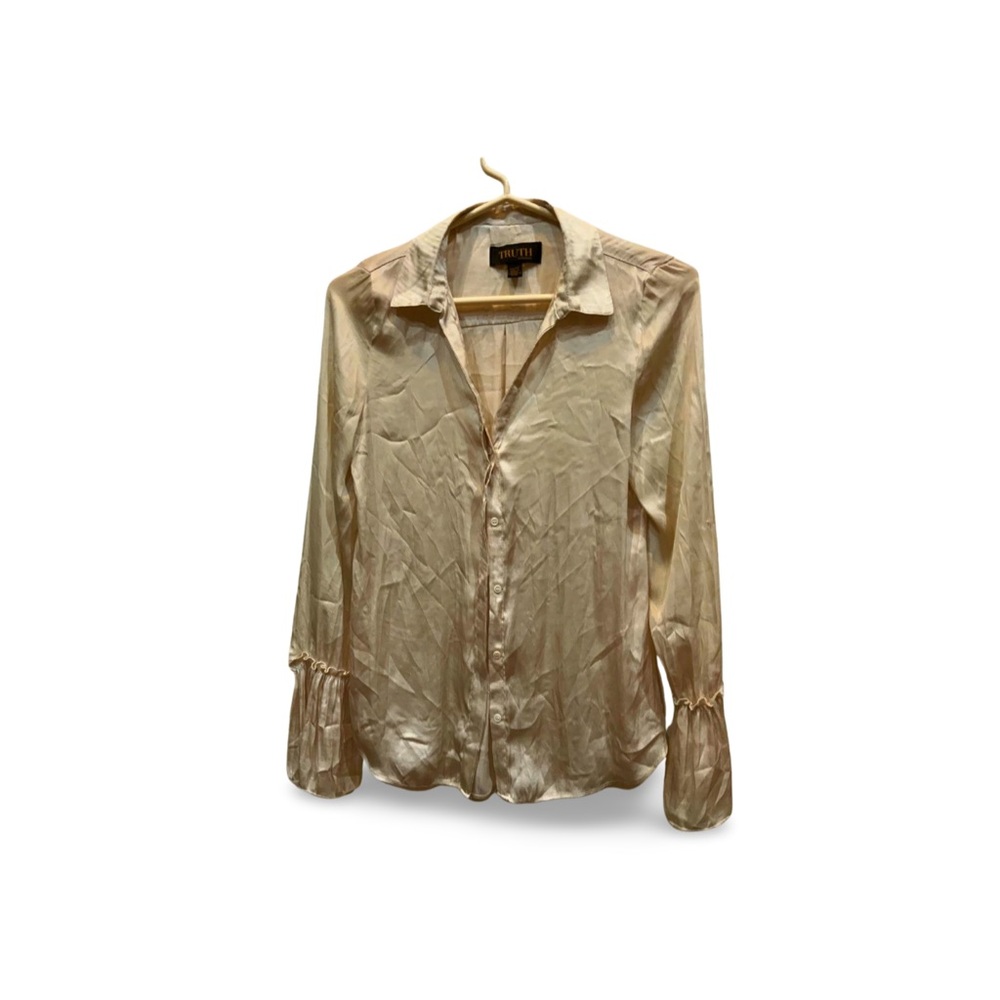 TRUTH by Republic Silky Blouse XS | Ruched Bell Sleeve Button-Up Shirt